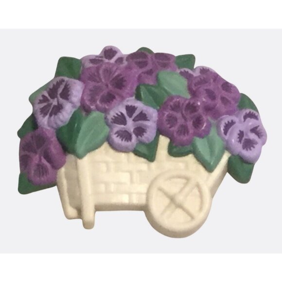 Hallmark Jewelry - Purple Pansy Flower Cart Spring Vintage Hallmark Cards Plastic Brooch Pin